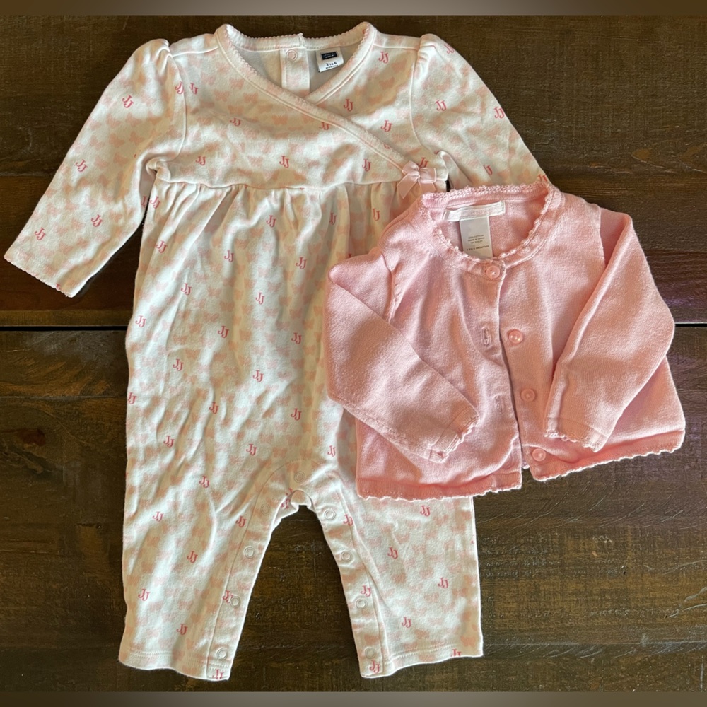 Janie and Jack pink and white romper with pink lace trimmed sweater 3-6M